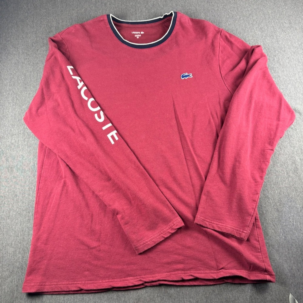Lacoste Mens Sleepwear Long Sleeve Shirt Burgundy Red Logo Graphic Size M